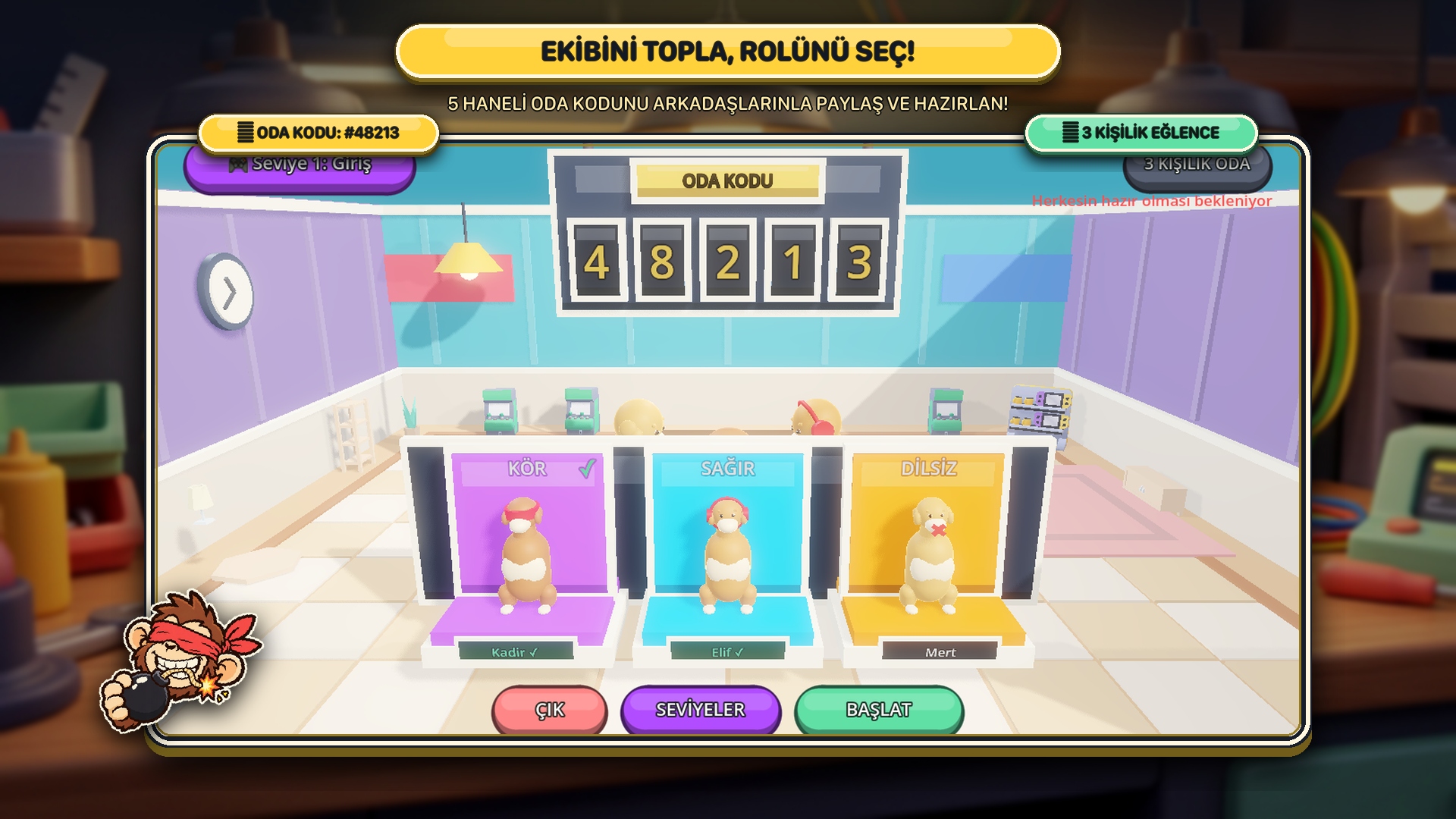 Boomkey lobi ekranı: oda kodu ve rol seçimi